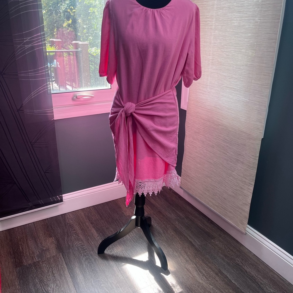 Aaron & Amber Mini Dress with Lace Trim and Wrap Belt